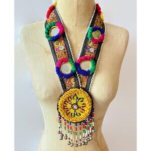 Afghan Necklace, Middle Eastern, Embroidered, Glass Beads, Mirrors, Vintage